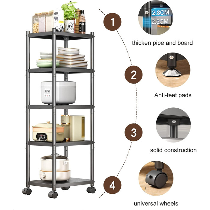 Окремостоячий стелаж SAYZH, 5 ярусів, міцна металева полиця, вузька кухонна полиця, полиця для зберігання з колесами та нековзними ніжками для гаража, кухні, офісу, бібліотеки, кутова, чорна, 5 ярусів