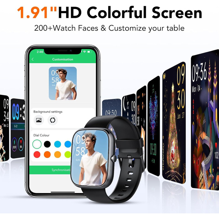 Розумний годинник для чоловіків та жінок, 1,91-дюймовий HD сенсорний розумний годинник із функцією телефону, 115 спортивних режимів, фітнес-трекер IP68 із серцевим ритмом, SpO2, монітором сну, крокоміром для Android та iOS, чорний