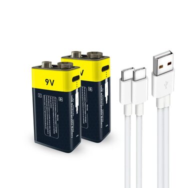 Літієві акумуляторні батареї типу C 9 В, 1,5 В, літій-іонні акумуляторні батареї USB 9 В, 650 мАг із зарядним кабелем типу C, швидка зарядка за 2 години (2 шт.) (9 В). 2-9 В