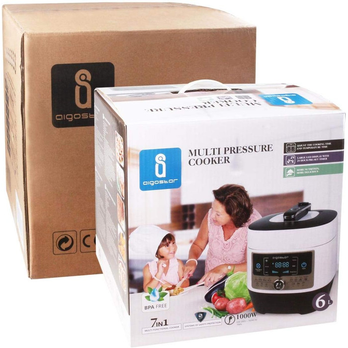 Скороварка Aigostar Panda 7 в 1, мультиварка на 6 л з 14 функціями, світлодіодна панель, налаштування тиску, таймер і функція піді