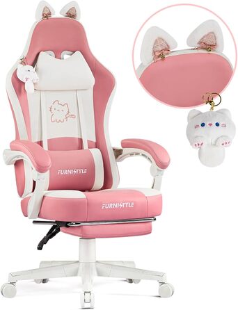 Миле ігрове крісло Hellove з котячими вушками, ергономічне комп&39ютерне крісло з високою спинкою та поперековою опорою, ігрове крісло з підставкою для ніг для дівчаток, підлітків, дітей, шкіра синтетична, рожево-біле