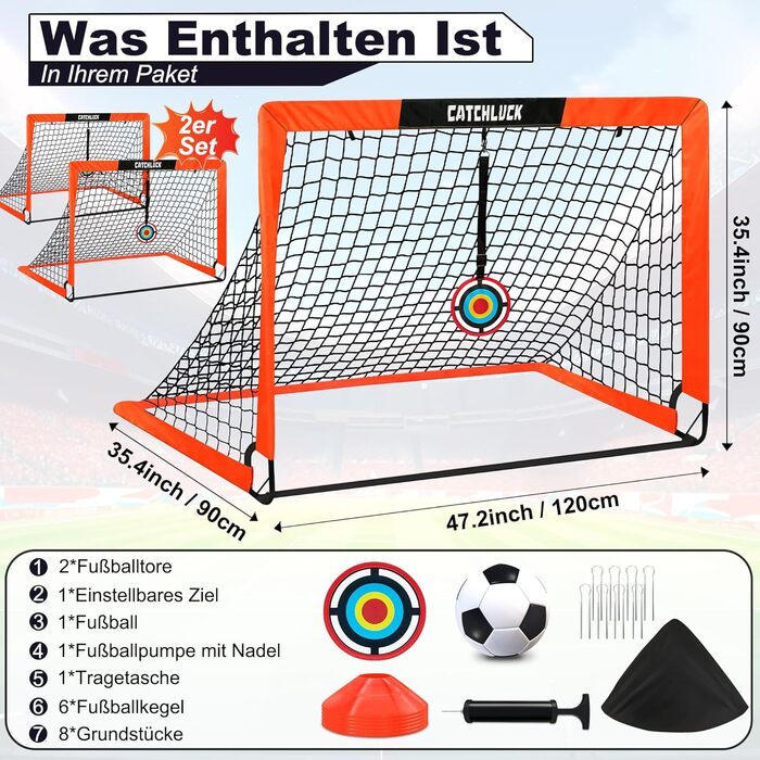 Футбольні ворота для саду, дитячі футбольні ворота, розкладні футбольні ворота, комплект з 2 шт. з футбольним м&39ячем, 6 футбольними конусами, 8 U-подібними кілками для землі та сумкою для перенесення, покращений червоний колір