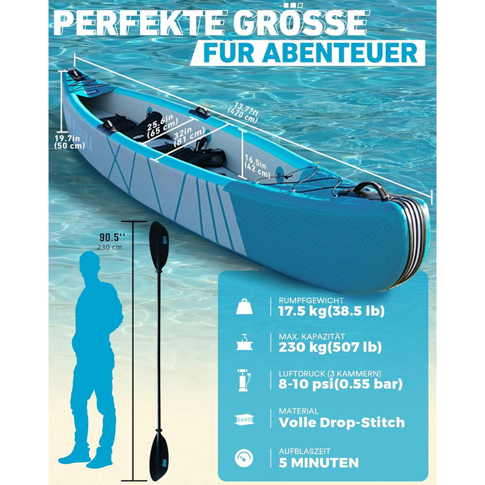 Надувний каяк BEYOND MARINA для 1, 2, 3 осіб, комплект тандемного каяка з дропстібком для дорослих з веслами, сидіннями, насосом, ластами та сумкою для перенесення, міцний та універсальний, 380 см, 420 см, 460 см, 420x850 см