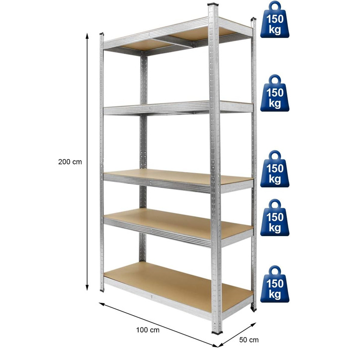 Стелаж для майстерні ECD Germany, міцний, 200x100x50 см - оцинкований - вантажопідйомність до 750 кг - 5 полиць МДФ - стелаж для зберігання, безболтовий стелаж, стелаж для підвалу, стелаж для гаража, металевий стелаж, стелаж для робочого столу, 200 x 100 