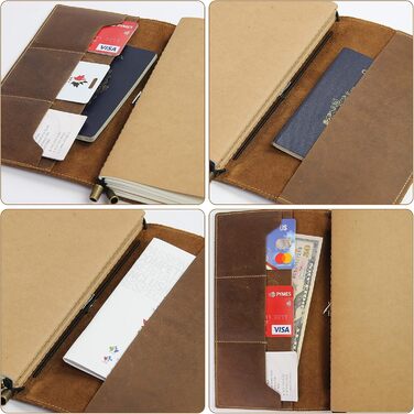 Шкіряний блокнот Wanderings з кишенями - 22 x 11,5 см - Поповнюваний щоденник подорожей з чистим папером для запису та організації або як блокнот, щоденник, вінтажний планер, коричневий