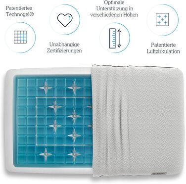 Ортопедична подушка для шиї Technogel Deluxe запатентована, не містить шкідливих речовин та сертифікована гелева подушка для шийного відділу хребта для сну на спині та боці, включаючи наволочку 66x40x07 см (1 упаковка)