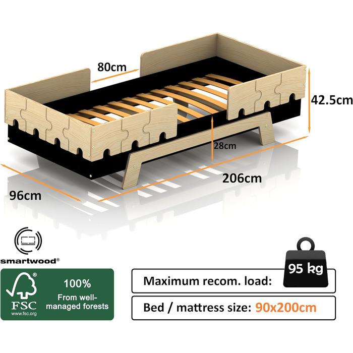 Дитяче ліжко SMARTWOOD з рейковою рамою та захистом від випадіння Puzzle BR2 Montessori односпальне для хлопчиків та дівчаток - Лі