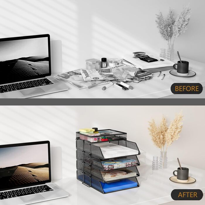 Настільний органайзер TQVAI з 4 відділеннями та верхнім лотком, металевий лоток для документів, лоток для паперу A4, органайзер для журналів для офісу, дому та школи, чорний