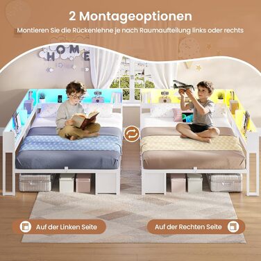 Ліжко AOGLLATI 140x200 з місцем для зберігання, диван-ліжко з вбудованою книжковою полицею та 6 шухлядами, дитяче ліжко зі світлодіодним освітленням та зарядною станцією, гостьове ліжко, кушетка, каркас ліжка з рейковою основою (білий, 140x200 см) 140x200