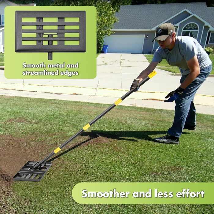 Вирівнювальна граблі для газону, 43,2 x 25,4 см, інструмент для вирівнювання газонів, з ергономічною ручкою, міцні вирівнювальні граблі для газону, подвір'я, саду, гольф-поля, для легкого вирівнювання землі, ґрунту, піску - 1,8 м
