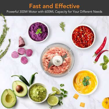 Кухонний електричний подрібнювач Acekool, мультиподрібнювач цибулі потужністю 300 Вт зі скляним контейнером 600 мл, подрібнювач овочів, електричний блендер, мультиподрібнювач - 2 рівня швидкості - BC7