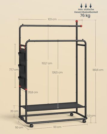 Вішалка для одягу на колесах, Підставка для гардеробу, 2 рейлінги для одягу, Полиця, Бічний органайзер, Гачки у формі сірників, Міцна, Спальня, Коридор, Чорний колір HSR171B01 50Г x 189.6В см