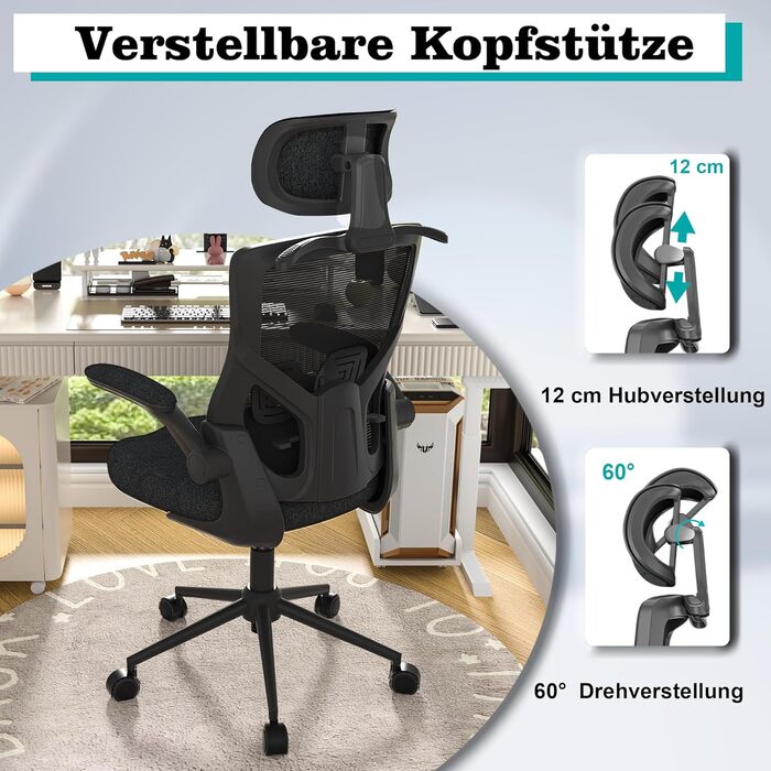 Ергономічне офісне крісло з регульованим підголівником та поперековою опорою сітчасте робоче крісло з високою спинкою, пінопластовим сидінням, вішалкою для одягу та функцією блокування (чорне)