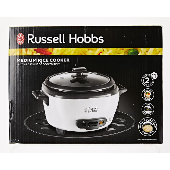 Рисоварка Russell Hobbs мала середня 0,8 л з вставкою для пароварки (функція підтримки тепла, каструля з антипригарним покриттям, ложка для рису та мірна чашка, мультиварка для овочів та риби тощо) 27030-56 Одинарний