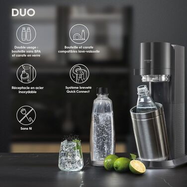 Пакет SodaStream Soda maker DUO з циліндром CO2 Quick-Connect, 2 шт. скляною пляшкою 1 л і пластиковою пляшкою 1 л, яку можна мити в посудомийній машині, висота 44 см, колір титан