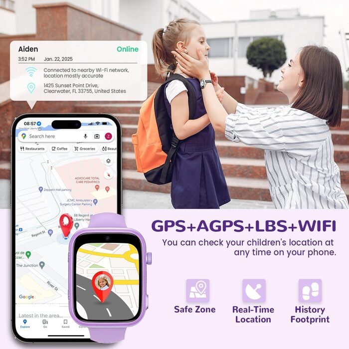Дитячий смарт-годинник з функцією відеодзвінків та телефону, дитячий годинник з GPS, голосовим чатом, WhatsApp, WiFi, SOS, SMS, шкільним режимом, крокоміром, водонепроникний IP68, будильник, дитячий смарт-годинник для дівчаток/хлопчиків, фіолетовий/фіолет
