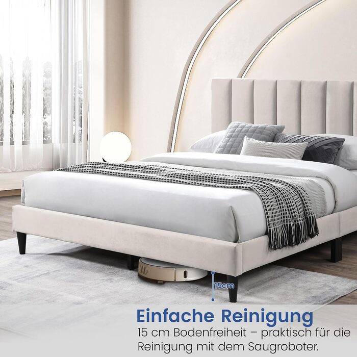 Ліжко Home Collective 140x200 см М&39яке ліжко з рейковою основою Каркас ліжка Двоспальне ліжко з м&39яким чохлом та м&39яким узголів&39ям з вертикальною стьобаною поверхнею Міцний каркас Високий комфорт сну Бежевий 140x200 см 140 x 200 см Бежевий (Стиль 