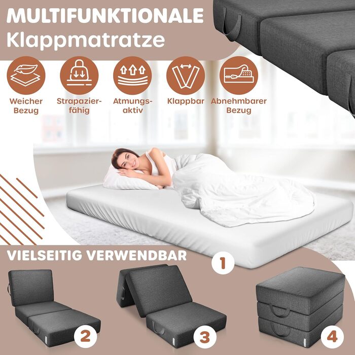 Розкладний матрац KESSER 75 x 195 x 15 см Гостьовий матрац, що складається в 3 сторони, у вигляді пуфа для ніг Розкладний матрац з пінопласту 25 кг/м Надзвичайно товстий 15 см Дихаючий Знімний чохол, що прається, включаючи сумку для перенесення в кемпінгу