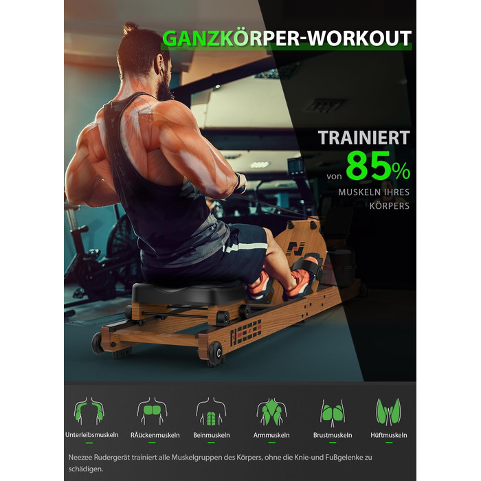 Водний гребний тренажер Neezee для домашнього використання, складний гребний тренажер з масиву дерева з Bluetooth-дисплеєм та тримачем для планшета, максимальна вантажопідйомність 200 кг, сумісний із застосунком Kinomap Braun (з Bluetooth)