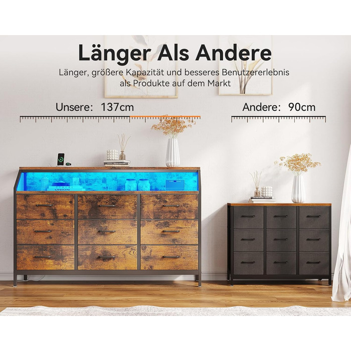 Комод ODK, комод з 2 розетками, 2 USB-портами та світлодіодною стрічкою, що змінює колір, з 9 тканинними шухлядами, підходить для спальні, вітальні, вінтажний колір