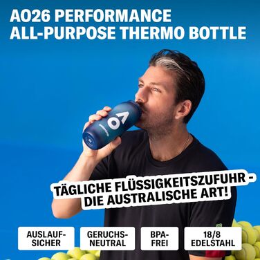 Пляшка для води waterdrop Australian Open 2026 600 мл - Термопляшка з нержавіючої сталі, герметична, зберігає холод 24 години та гарячу 6 годин - Ідеально підходить для спорту, подорожей, офісу, фітнесу, дому, без BPA 0,6 л - Темно-синій градієнт