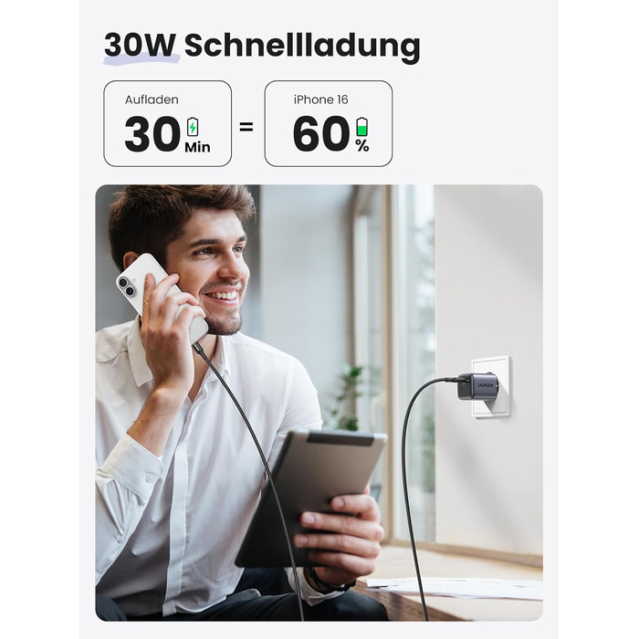 Сумісний з iPhone 16 Pro Max, 16 Plus, 16, 15 Pro, 14, Galaxy S24 Ultra, S23, iPad, Tab A8, Pixel, HomePod (чорний), 30W USB C Pow