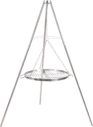 Поворотний гриль REDCAMP з решіткою для гриля, включаючи ланцюги, регульована висота, поворотний гриль для кемпінгу з нержавіючої сталі з круглою решіткою для гриля та сумкою для перенесення для барбекю на свіжому повітрі, сріблястий