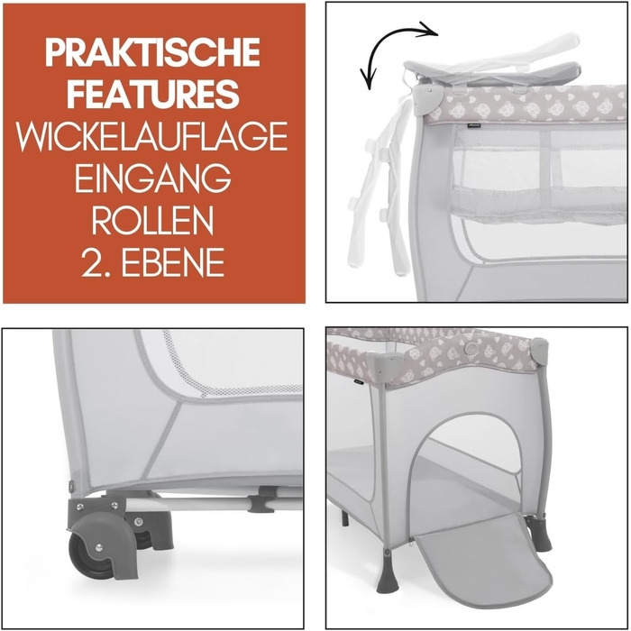 Дитяче ліжечко-дорожнє ліжечко hauck Sleep N Play Center з вкладишем для новонароджених, пеленальний килимок, матрац та простирадло на ремені Дитяче ліжечко-дорожнє, маленьке, складне, від народження до 15 кг - колір Teddy Grey