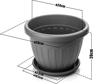 Квітковий горщик BigDean 6 шт. з блюдцем, круглий ø28xH20 см, антрацит - всепогодний горщик - водовідвідний, стійкий до ультрафіолету, виготовлений з ударостійкого пластику - підходить для використання в приміщенні та на вулиці - зроблено в Європі, антрац