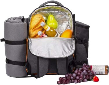 Рюкзак для пікніка Hap Tim для 4 осіб з ізольованим відділенням-холодильником, тримачем для вина, флісовою ковдрою, набором столових приборів, подарунками на заручини для пар, подарунком на весільну вечірку, подарунками на весілля (EU-36021) 4 особи сірог