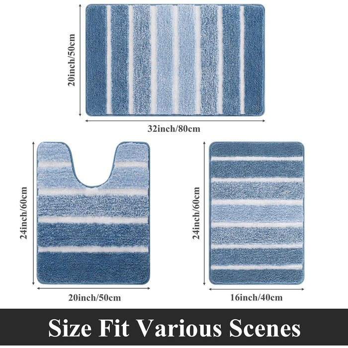 Комплект килимків для ванної SHACOS, 3 предмети, нековзний килимок для ванної, синій, м&39які килимки для ванної, водопоглинаючий килимок для душу, комплект килимків для ванної, що миються, 40x6050x8050x60 см, 40x6050x80U50x60 см, синій