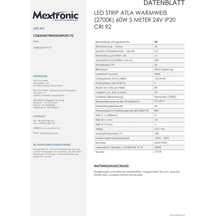 Світлодіодна стрічка Mextronic ATLA Теплий білий (2700K) 60W 5 метрів 24V IP20 CRI 92