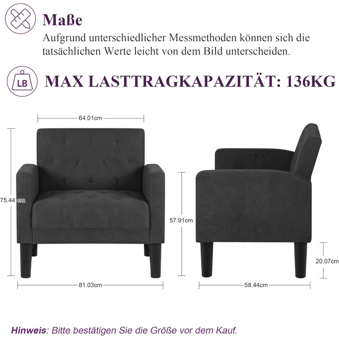 Крісло GRAVFORCE з м&39якою спинкою, зручне та сучасне м&39яке крісло для вітальні, спальні, офісу, крісло для відпочинку, крісло для клубу, вантажопідйомність 136 кг, темно-сіре