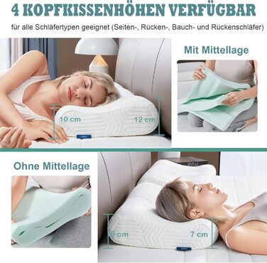 Подушка LAMB з регульованої по висоті піни з ефектом пам&39яті, ергономічна подушка для підтримки шиї, щільність 50D, знімний чохол, підходить для сну на боці - синя, 2 шт., 60x35x12/10 см, синя піна з ефектом пам&39яті