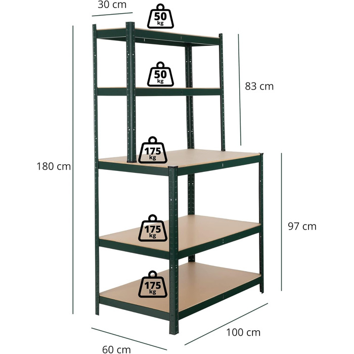 Полиця для робочого столу Stagecaptain WBR-175 SR - Міцна полиця з робочим столом - Полиця для зберігання в майстерні, підвалі, коморі - 5 полиць на 2 глибини - Надзвичайно стійка робоча поверхня висотою 97 см - Зелена