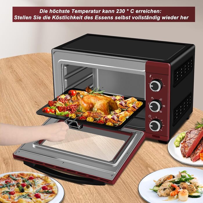 Міні Піч, Піч для піци 32 л, 1600 Вт, 100-230 C, 0-60 хв. Таймер, 5 режимів нагрівання, подвійні скляні дверцята, з грилем Деко для випікання Решітка для гриля Лоток для крихт Решітка Варильна поверхня, чорнийчервоний