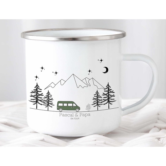 Емальована кружка Маленька Матильда, барвиста персоналізована кемпінгова кружка з іменем для кемперів, кавова кружка, аксесуар для караванів, кружка з нержавіючої сталі, подарунок для кемперів (зелений колір)