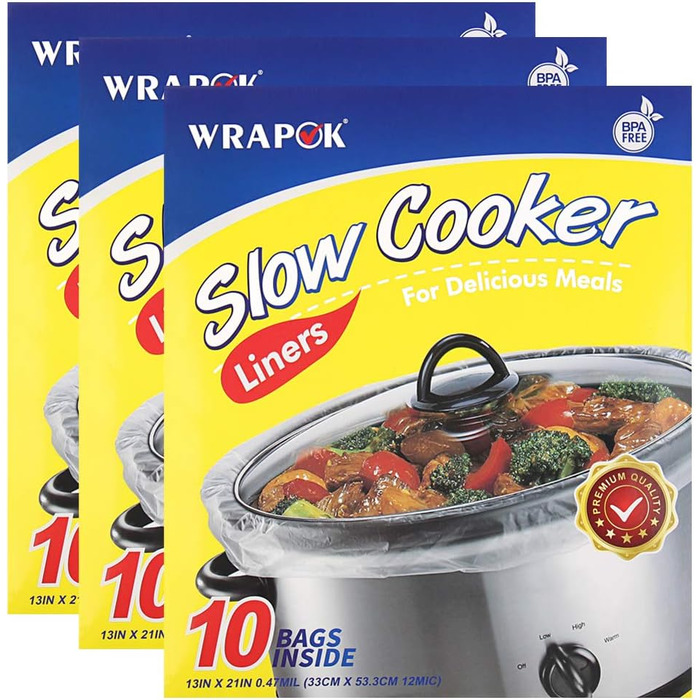 Одноразовий кулінарний мішок WRAPOK для повільного приготування, без бісфенолу А, для овальних або круглих каструль, великого розміру, 33 х 53 см, вміщує від 3 до 8,5 літрів 3 шт. и (всього 30 пакетиків)
