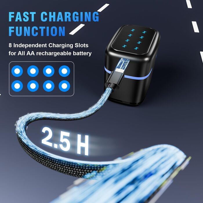 Акумуляторних літієвих батарей із швидким зарядним пристроєм, висока ємність 3600 мВтгод, 1500 циклів зарядки, батарейки типу АА, швидка зарядка 5 В 3 А для нікель-металгідридних та літієвих батарей, вхід типу C, 8