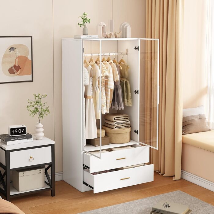 Шафа для спальні зі світлодіодним освітленням, шафа зі скляними дверима, вішалки для одягу та шухляд (Біла Ш, 50x80x175 см) Біла Ш 50x80x175 см