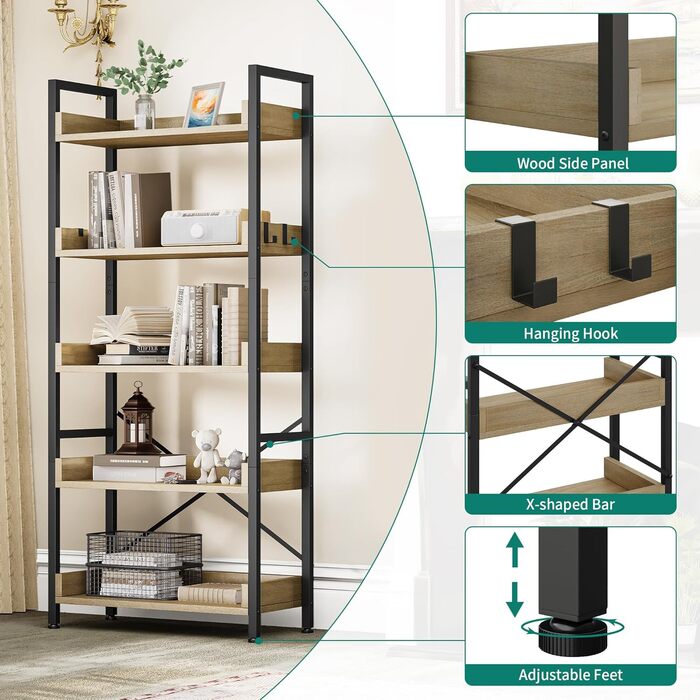 Ярусна книжкова полиця, висока, вузька, тонка дерев&39яна полиця, промисловий склад для вітальні, домашнього офісу дубове покриття (30Г x 64Ш x 160В см), 5-