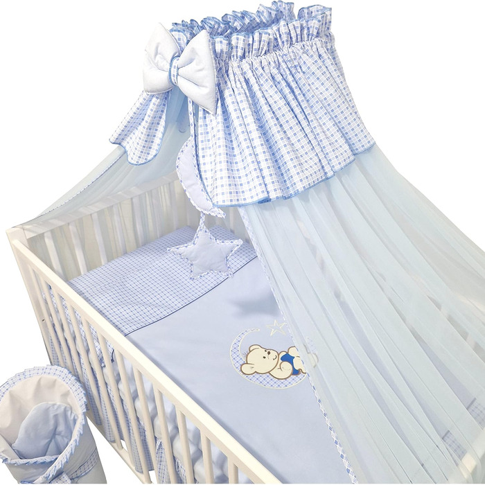 Предметний комплект дитячого ліжечка/ліжечка та постільної білизни Happy Leo, включаючи матрац, регульована висота для новонароджених, немовлят та малюків, виготовлений з масиву дерева, вишитий (Teddy Bear Moon Blue), 13-