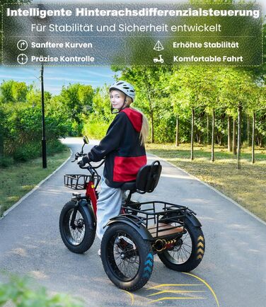 Електричний триколісний велосипед KAKIGO для дорослих, товсті шини 20x4, складаний алюмінієвий електровелосипед, двигун 250 Вт, 65 Нм, акумулятор 48 В 15,6 Аг, 25 км/год, передній та задній кошики, диференціал, запас ходу 90 км, червоний, з тримачем для т