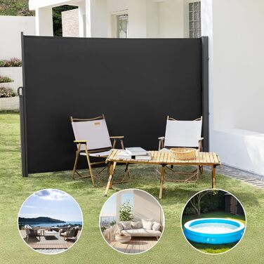 Розсувний бічний тент, 160 x 30020 см Антрацит, Сонячний тент із екраном для приватності, Вітрозахист, Водонепроникний бічний висувний тент, Бічна рулонна штора для балкону, тераси, саду, Ш320 x В160 см Антрацит