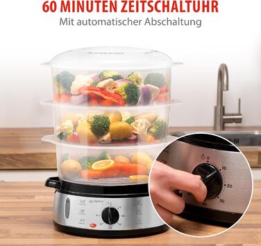 Електрична пароварка alpina 800 Вт - 3-шарова пароварка Baby BPA Free - Рисоварка, яку можна мити в посудомийній машині - Готова до використання від 0 до 60 хвилин - Ємність 9 літрів - Пластик/RVS - Сірий