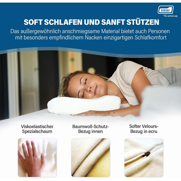 Подушка для шиї SISSEL Soft L Спеціальна в&39язкопружна піна Ергономічна підтримка хребта Чохол з велюру, який можна прати Розслаблення м&39язів шиї та плечей Гарантія 5 років 47 x 33 x 14 см