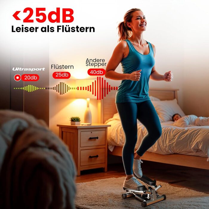 Степер Ultrasport Swing для домашнього використання, міні-степер 2-в-1 з підйомом/внизом, силовими тросами та РК-дисплеєм, тихий, нековзний, регульований рівень, фітнес-степер з тренувальним комп&39ютером еспандер