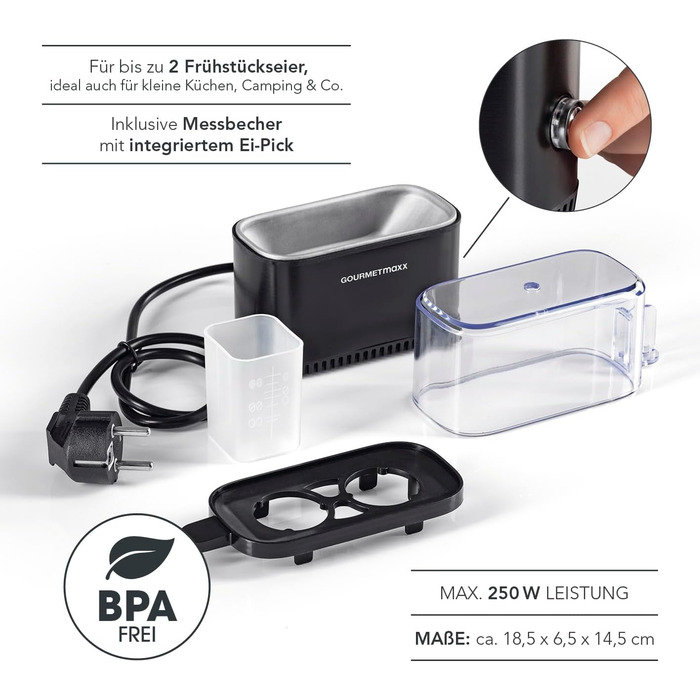Яйцеварка GOURMETmaxx на 2 яйця компактна яйцеварка яйцеварка з яйцепробивачем, мірним стаканом та сигнальним тоном 3 ступені твер