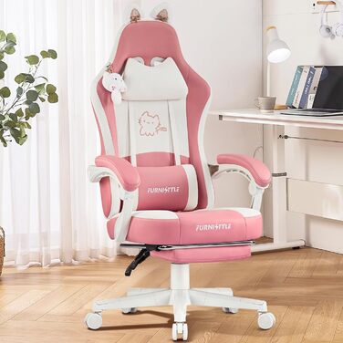 Миле ігрове крісло Hellove з котячими вушками, ергономічне комп&39ютерне крісло з високою спинкою та поперековою опорою, ігрове крісло з підставкою для ніг для дівчаток, підлітків, дітей, шкіра синтетична, рожево-біле