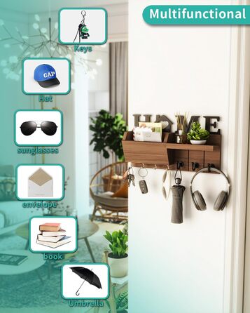 Ключниця HapiRm з декором HOME, дерев'яна ключниця з 7 гачками для ключів, ключниця з полицею Підходить для вхідної зони, вхідних